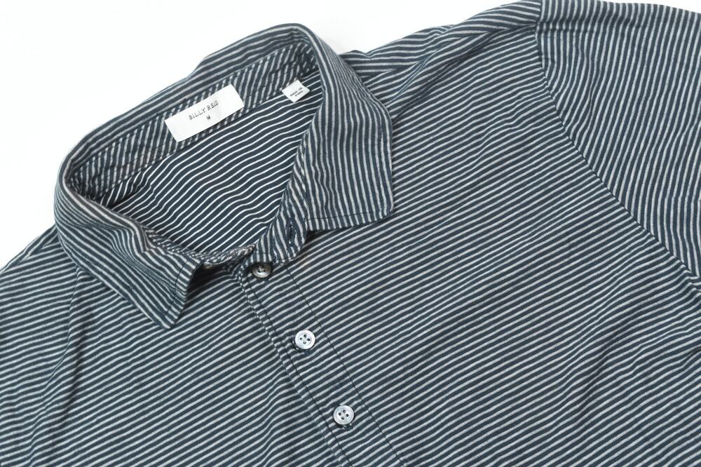 Billy Reid Polo Shirt Mens Medium Blue Striped Organic Cotton Short Sleeve